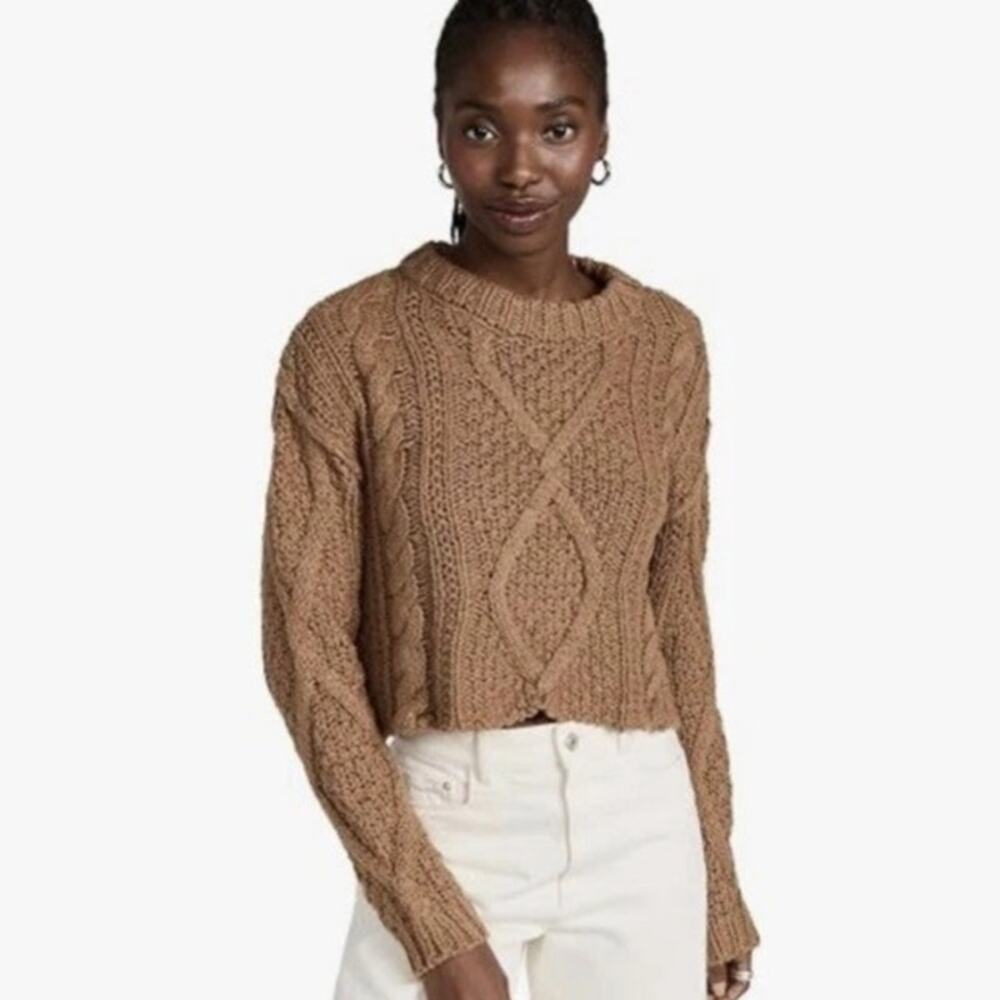 Free People Cutting Edge Chunky Cable Knit Crop Pullover Crew Neck 100% Cotton